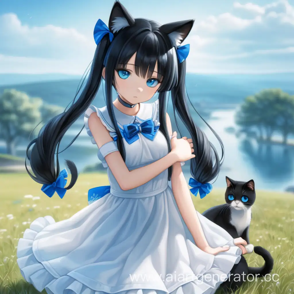 {dress}, {1girl}, {low_twintails}, {black_hair}, {animal_ears}, {day}, {white_dress}, {outdoors}, {twintails}, {solo_focus}, object_hug, blurry_background, sky, blue_eyes, cat_ears