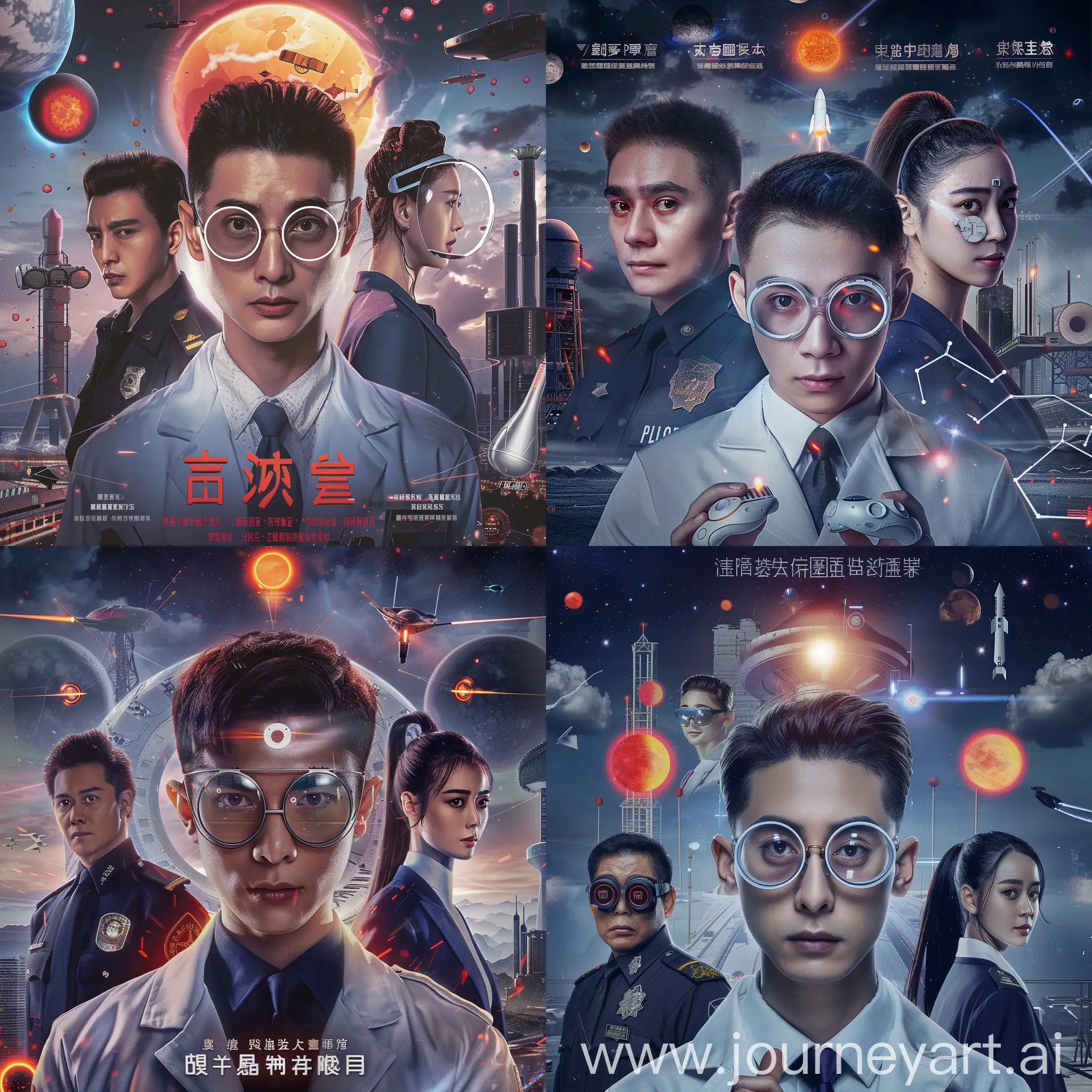movie poster style, only three characters,

in the middle, a close-up portrait of a young serious handsome Chinese scientist, he wears round transparent glasses and white laboratory coat,

at the left of the scientist, there is one small half-length portrait of one handsome strong Chinese policeman with black Chinese police uniform,

at the right of the scientist, there is one small half-length portrait of one pretty young Chinese lady, she has a ponytail hair style and she wears a deep blue female business suit, she holds a white virtual reality headset in her hands,

in the background, there is a giant particle accelerator building and another long-rang radar station with giant antennas,

there are three red suns in the dark shining sky, a small sliver raindrop style Spaceship, many small stars are shining in the sky too, a small countdown is before the red sun in the middle,movie poster style, three characters,

in the middle, a close-up portrait of a young serious handsome Chinese scientist, he wears round transparent glasses and white laboratory coat,

at the left of the scientist, there is one small half-length portrait of one handsome strong Chinese policeman with black Chinese police uniform,

at the right of the scientist, there is one small half-length portrait of one pretty young Chinese lady, she has a ponytail hair style and she wears a deep blue female business suit, she holds a white virtual reality headset in her hands,

in the background, there is a giant particle accelerator building,

there are three red suns in the dark shining sky, a small sliver raindrop style Spaceship, many small stars are shining in the sky too, a small countdown is before the red sun in the middle,