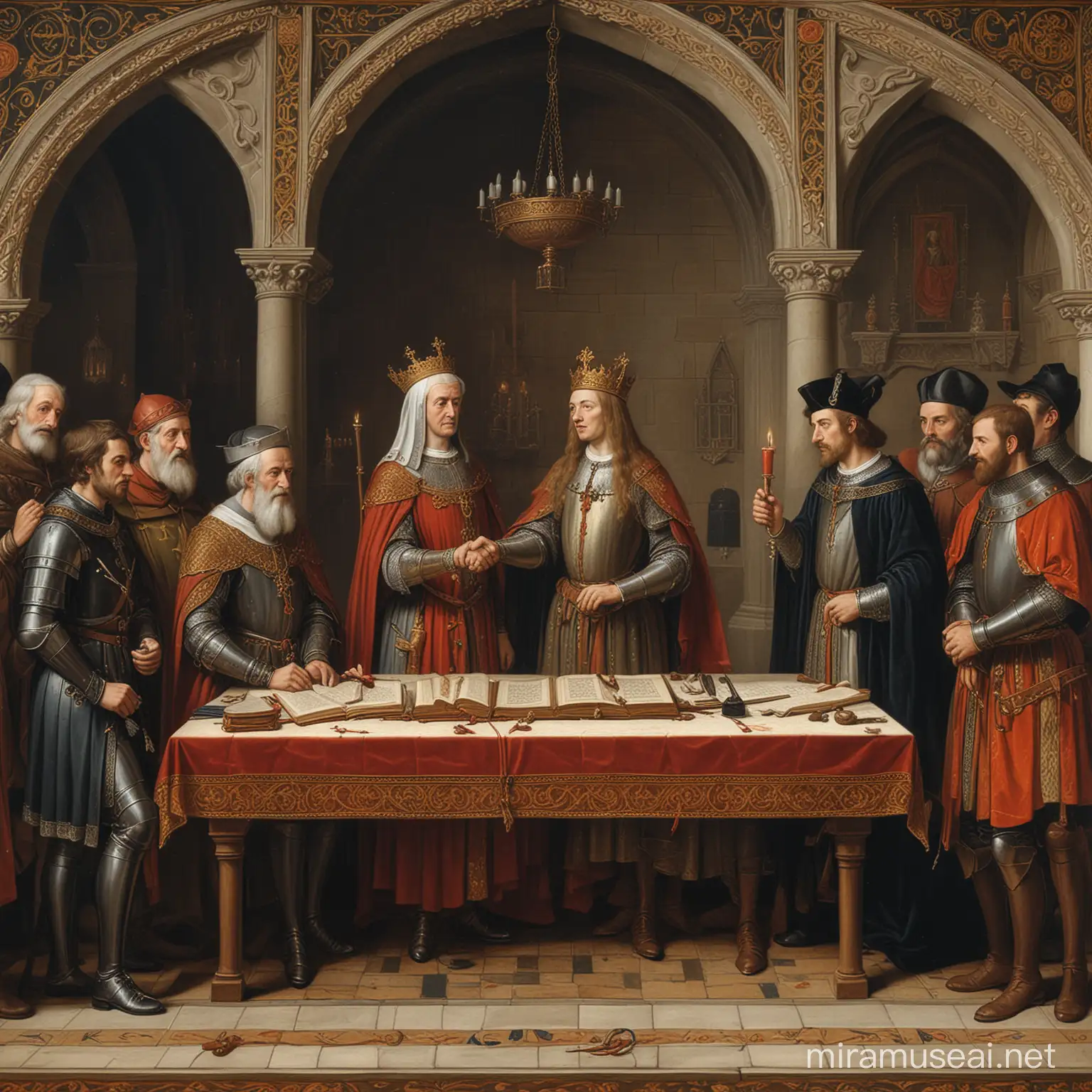 Pintura medieval, gótica, de um tratado sendo assinado