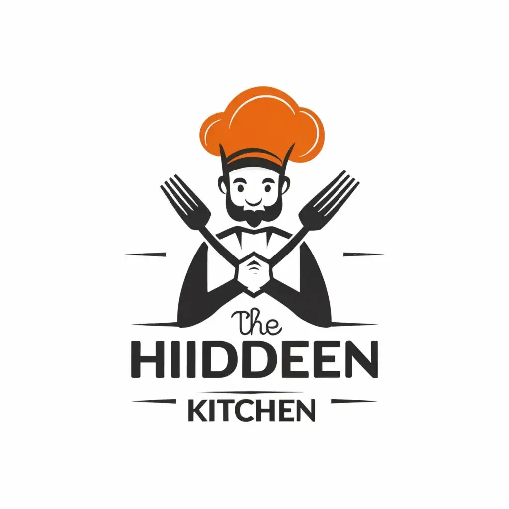 logo, chef with knife and fork, with the text "The Hidden Kitchen", typography, be used in Restaurant industry