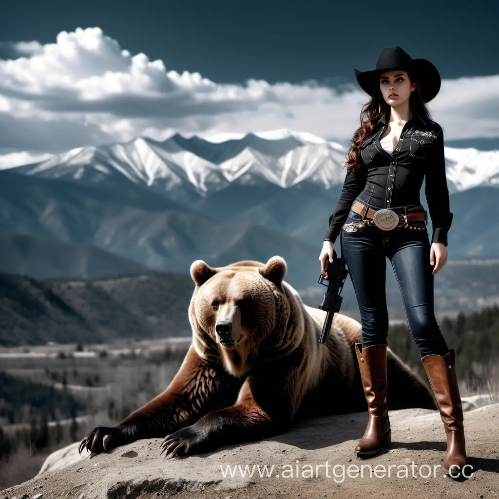 a cowboy girl with a gun in full-length black looks dramatically into the distance at us / a big bear lies next to us / against the background of epic mountains/ a wide angle of the composition