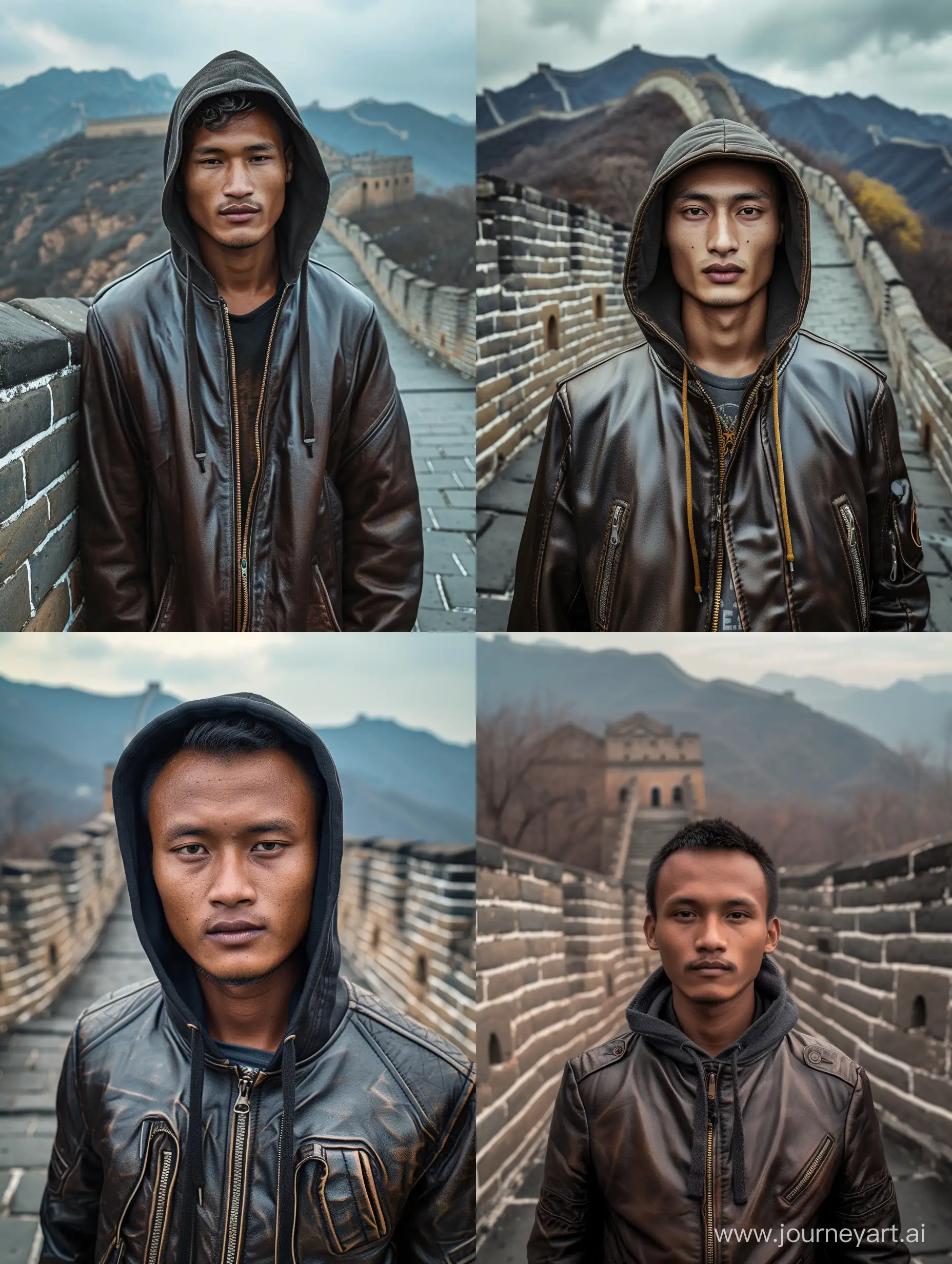 an Indonesian Javanese man (25 years old, oval and clean face, Indonesian hair, ideal body, brown skin, wearing a leather hoodie jacket, standing posing like a model on the Great Wall of China, photo facing forward, face visible, afternoon atmosphere slightly cloudy. minimal lighting, slightly cloudy, ultra HD, original photo, highly detailed, ultra sharp, 18mm lens, realistic, photography, leica camera