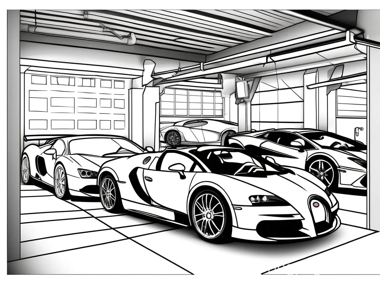 car garage with Bugatti, McLaren, Lamborghini

, Coloring Page, black and white, line art, white background, Simplicity, Ample White Space. The background of the coloring page is plain white to make it easy for young children to color within the lines. The outlines of all the subjects are easy to distinguish, making it simple for kids to color without too much difficulty