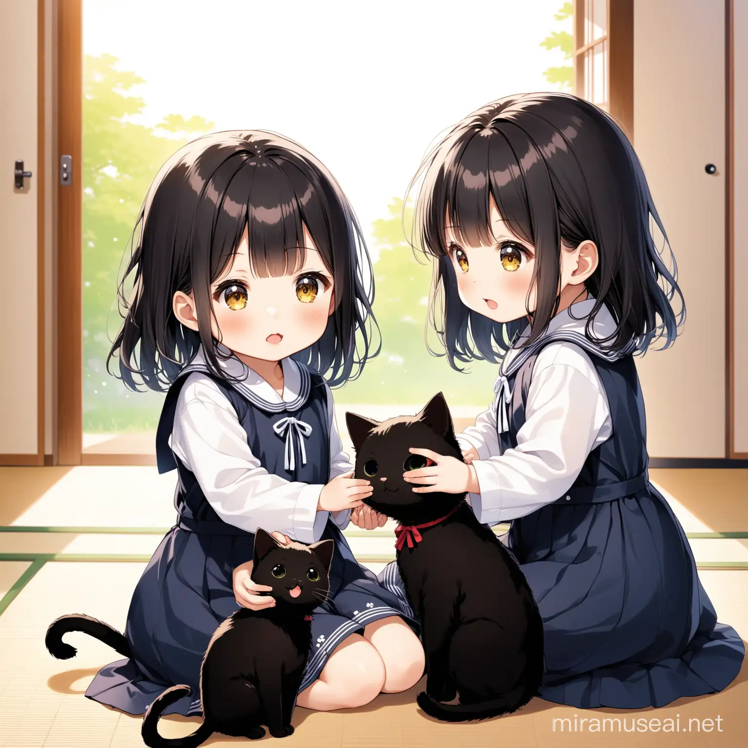 Japanese Kindergarten Twins Playing with Their Black Cat