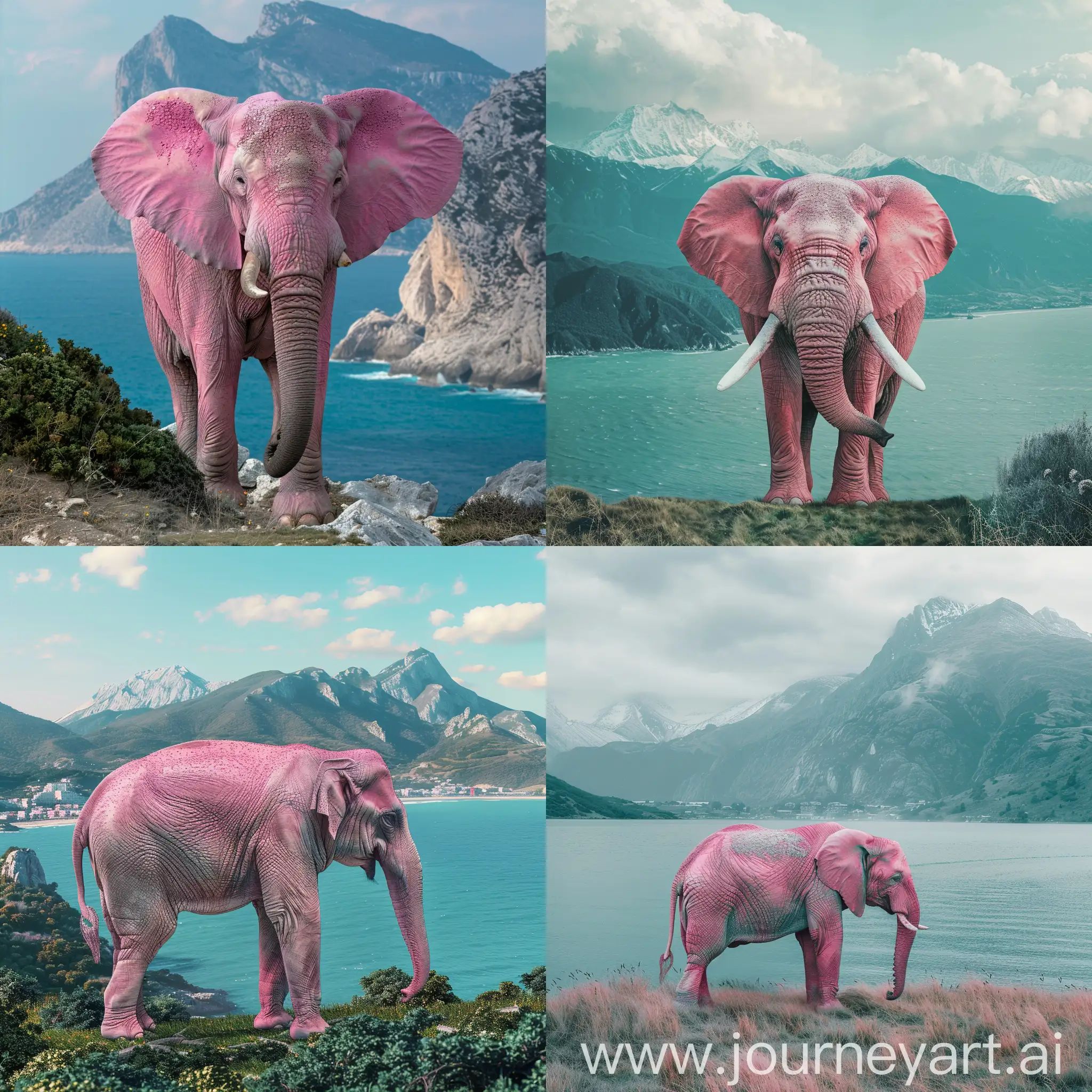 generate for me an elephant that is pink in the background there are mountains and the sea