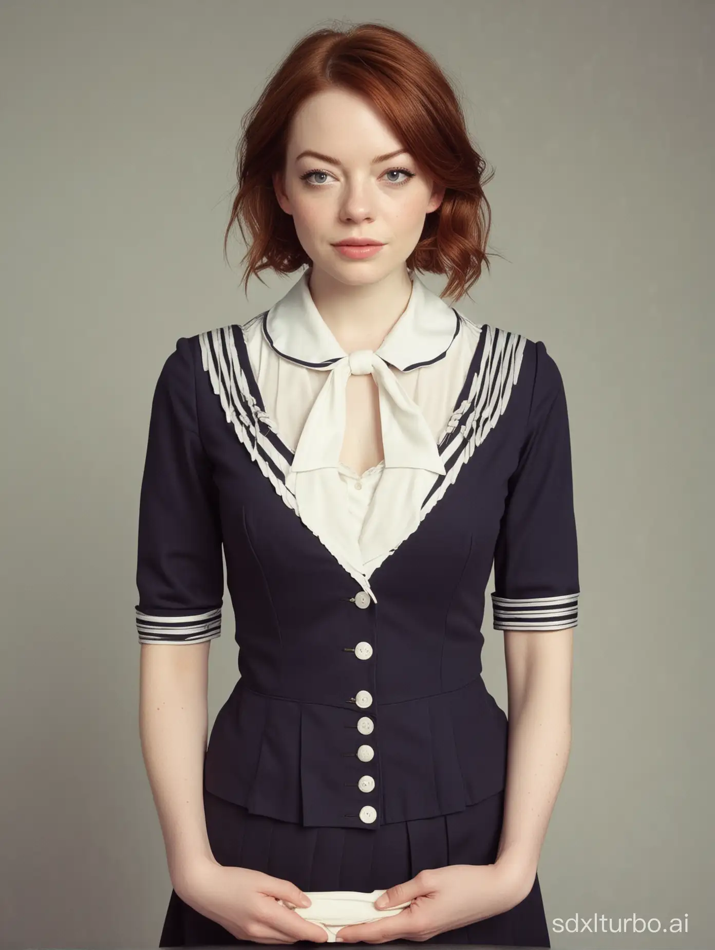 1 woman,like  Emma stone:0.2, huge breast，upper body, sexy, sailor uniform,Photograph by Loretta Lux