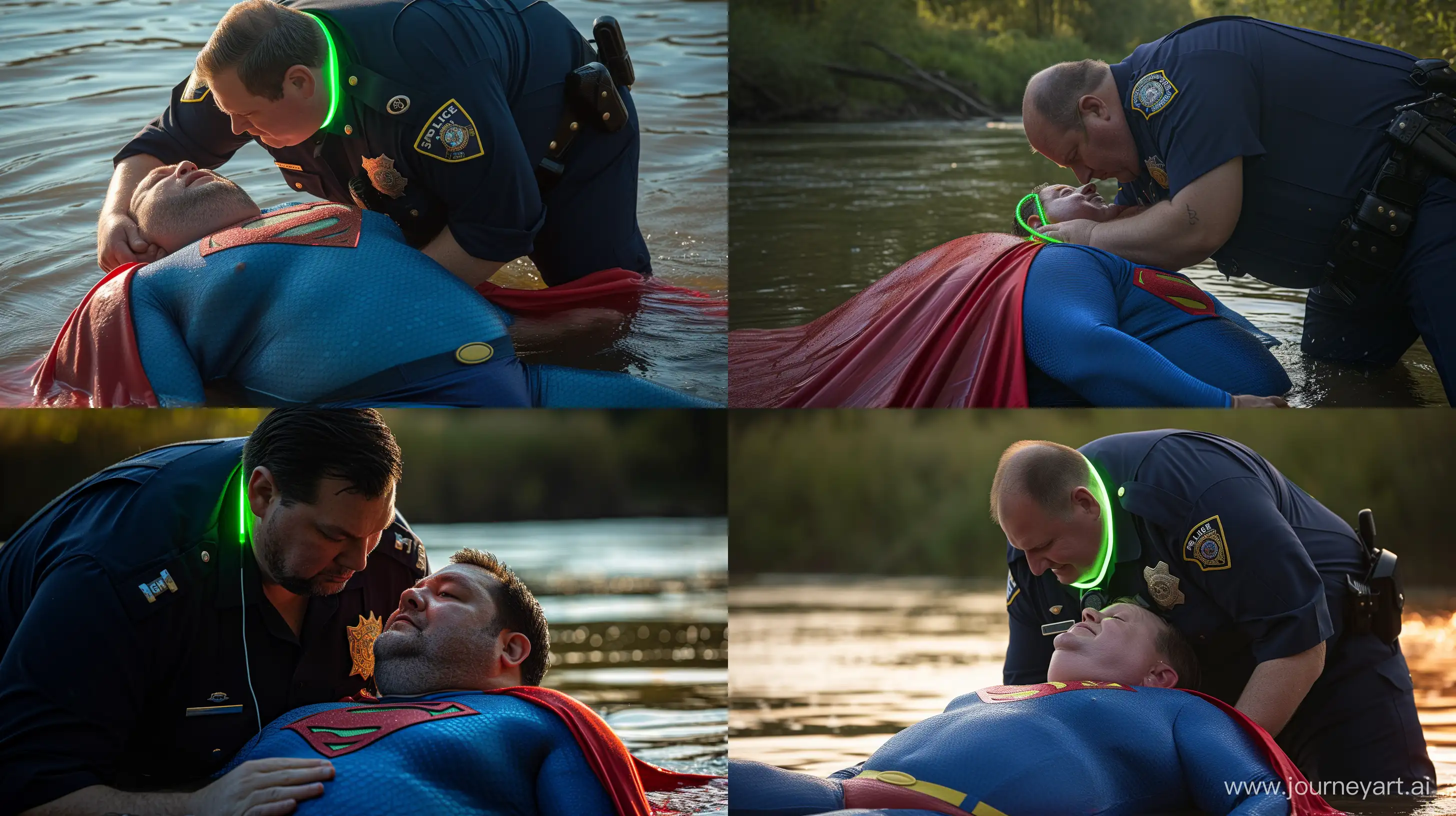 Close-up photo of a fat man aged 60 wearing a navy police uniform. Bending behind and tightening a tight green glowing neon dog collar on the nape of a fat man aged 60 wearing a tight blue 1978 smooth superman costume with a red cape lying in the water. Natural Light. River. --style raw --ar 16:9
