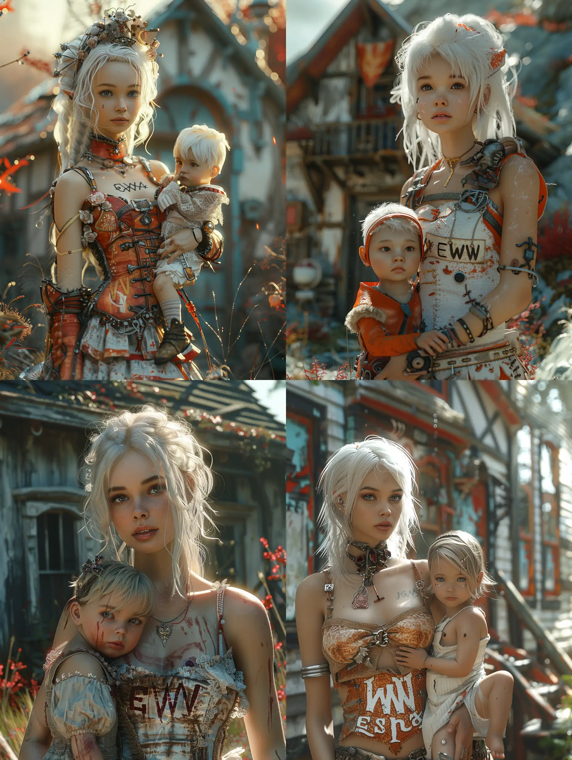 Prompt/Imagine a 3D model, a fantasy character with white hair and with a dress with the inscription "EWW", stands in front of an old house and hold a little child in her arms, love from a mother, against an ultra-realistic background with high details and surreal elements. vermillion and blue, beautiful light, --stylize 700 --style raw --v 6