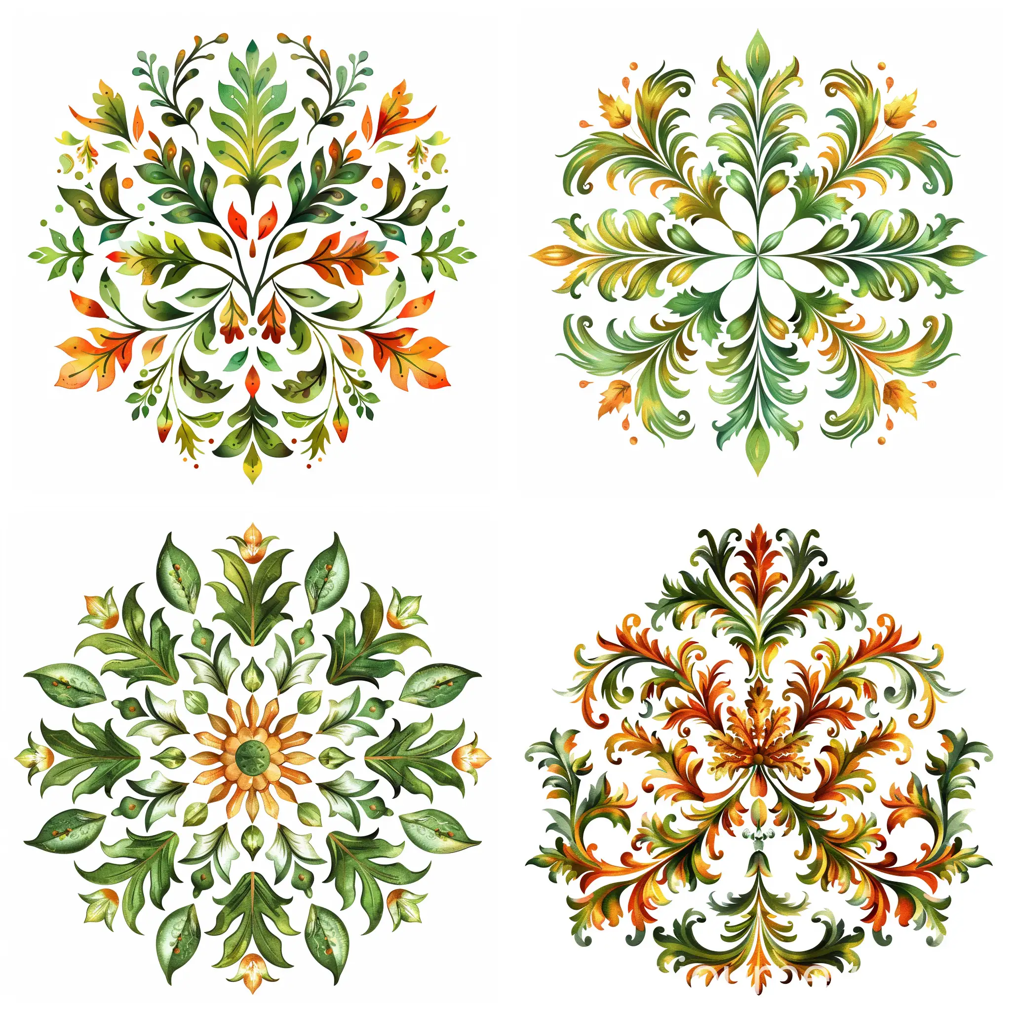 Fast- moving round ornament, with autumn motifs, with protruding peak elements, at an angle of 36 degrees, Baroque style, on a white background, lots of green, vector cheerful style, watercolor, decorative, flat drawing