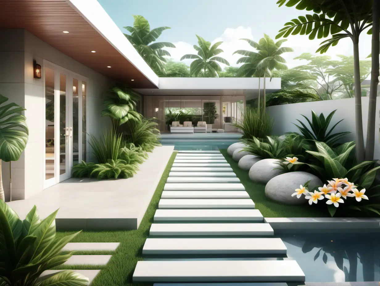 Create a photo realistic rendered image of a luxury glass bungalow garden with a stepping stones pathway leading to a swimming pool with a floating planter with a frangipani tree on one corner. Add some tropical shrubs like alocasia, ferns and grasses. Use peach and white color palette.