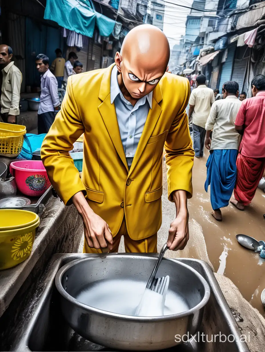 a single man looks like one punch man ,wearing same yellow and red suit but washing the dishes at indian congested street