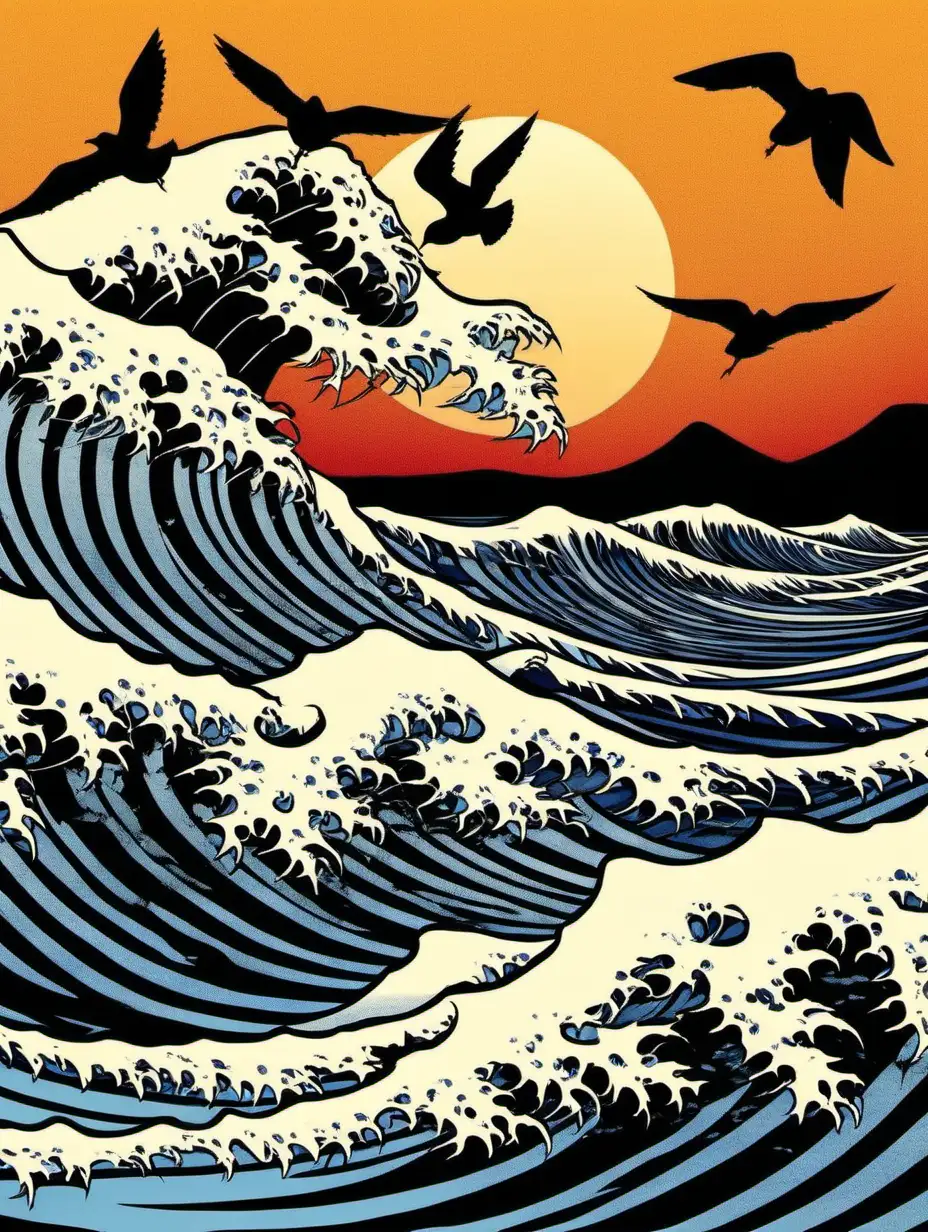 colour, japanese wave, sunset in background, in the style of 'under the wave off kanagawa', black sillhouettes of seagulls in sky