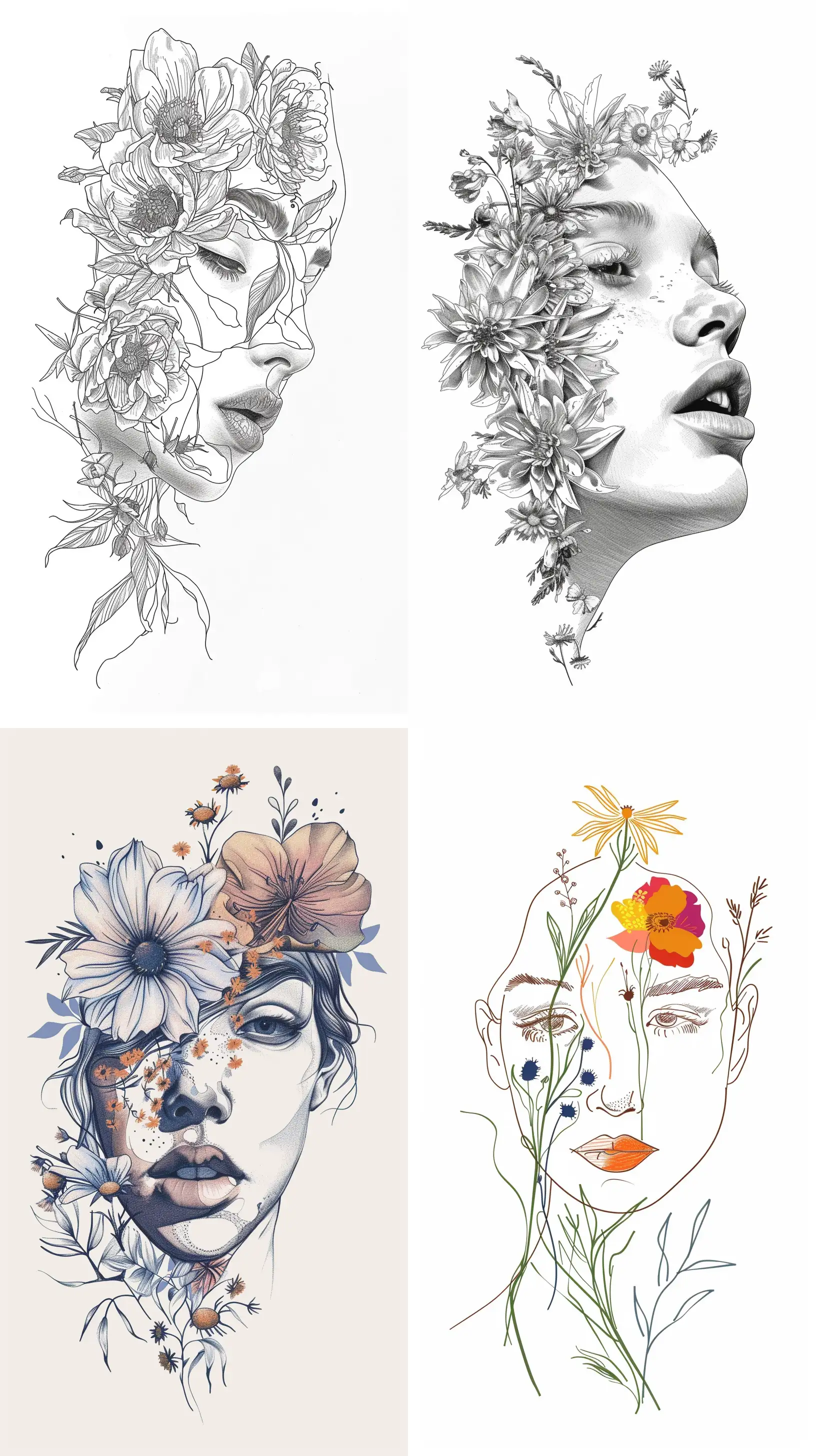 Delicate-Face-Sketch-with-Floral-Accents-on-White-Background