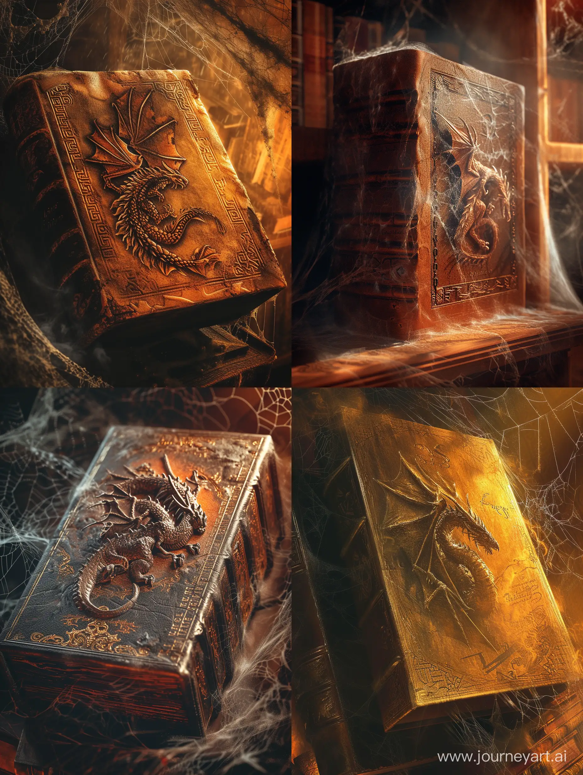Dragonology tome,a dragon on it,in ancient library,cobwebs everywhere,leather cover,runic script,incredible detail,warm light,terrifying,Digital Art.