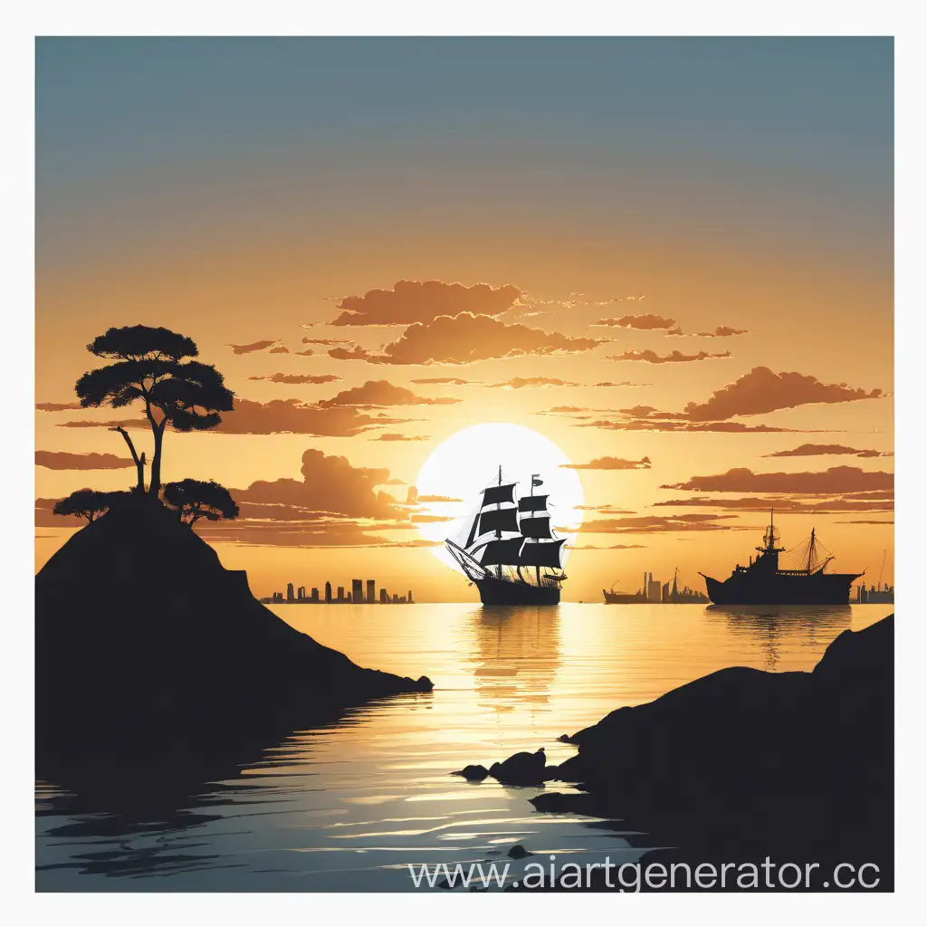 Chest-on-Island-with-Ship-Silhouette-and-City-Skyline-at-Sunset