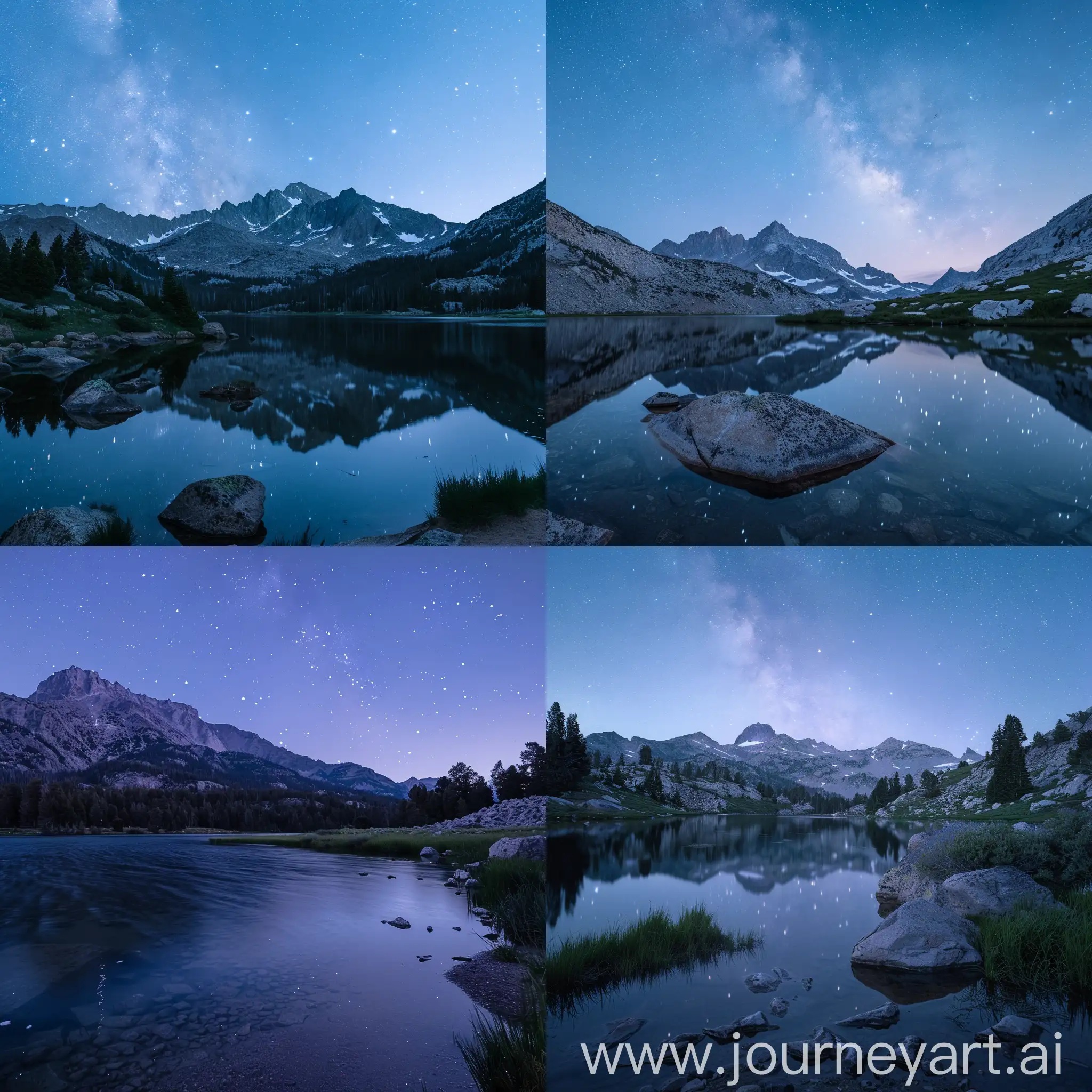 mountain lake at dusk with clear skies with a hint of the galaxy