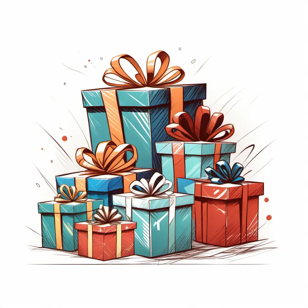 gifts are piled up on a white background, draw