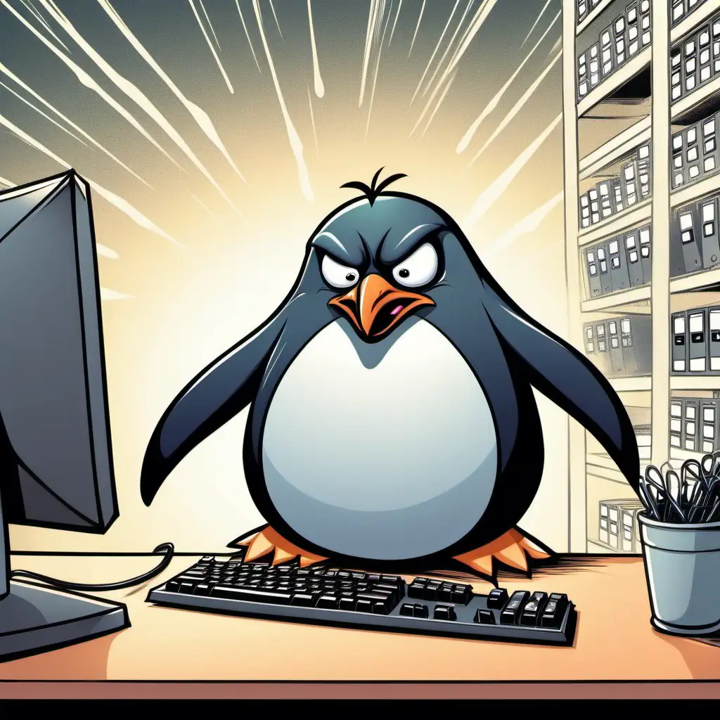 Cartoon angry  penguin sitting in a office  slamming his computer keyboard. 