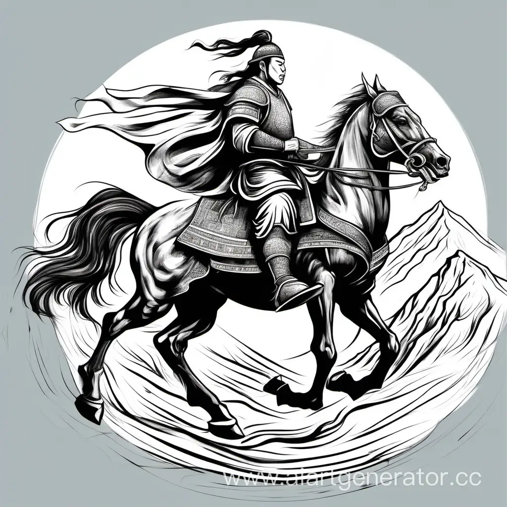 Mongolian-Hero-Riding-Majestically-on-Horseback-HandDrawn-Black-and-White-Vector-Art