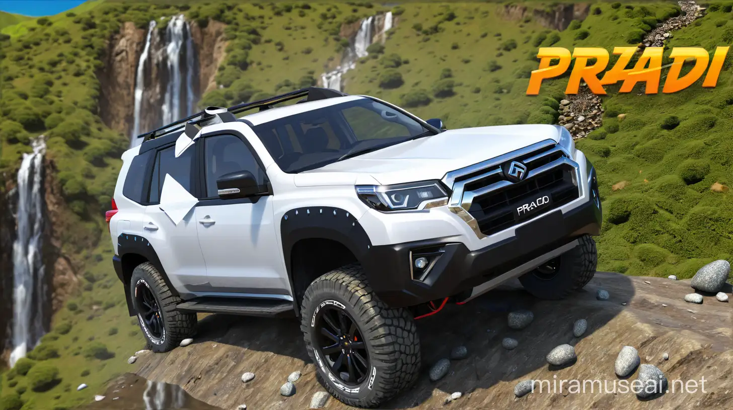 Game Renderer Offroad Prado SUV Move upward on the hills hard road many rocks and steep Hight on water fall
 