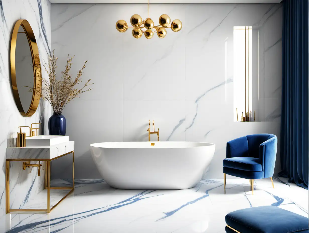 Commercial Photography, modern minimalist bathroom interior with blue chair, golden decor and marble floor