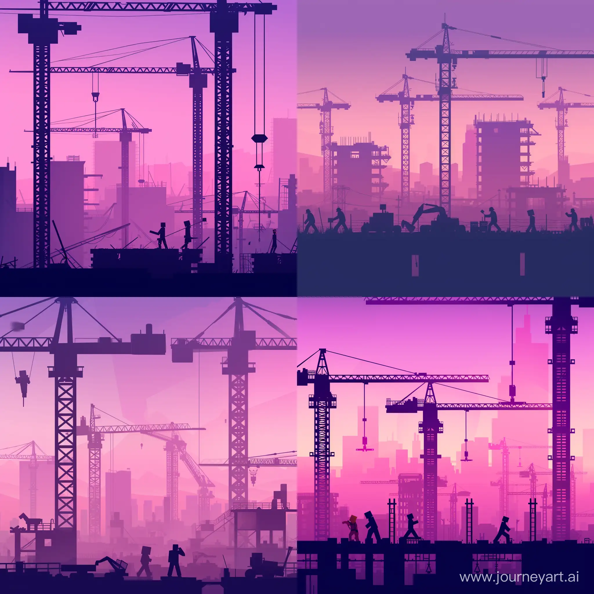 Banner in proportion 4:3, HD art. Theme of minecraft logo. The background is soft purple and pink gradient color,black high-rise cranes in the background, constructivism, vector design, workers, dribbble illustration
