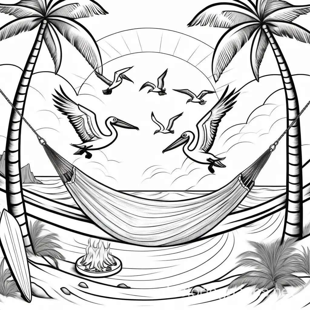 camping by a tropical beach, hammock, surfboard, campfire, sunset and surfing, pelicans and seagulls  (the-great-outdoors theme), Coloring Page, black and white, line art, white background, Simplicity, Ample White Space. The background of the coloring page is plain white to make it easy for young children to color within the lines. The outlines of all the subjects are easy to distinguish, making it simple for kids to color without too much difficulty