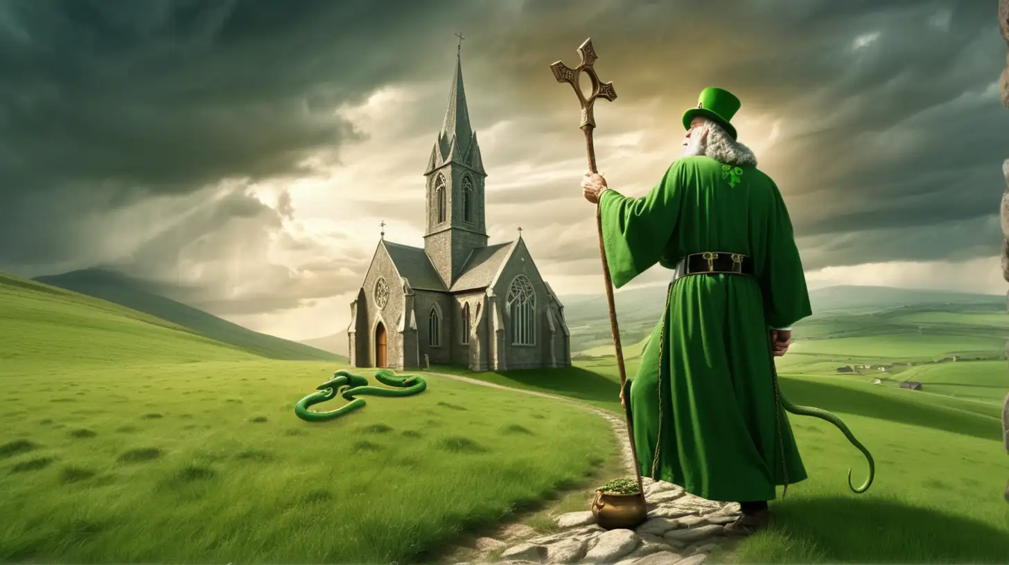 Saint Patrick wielding his staff,  snakes crawling on the ground trying to escape, green meadows, an old stone church on the hill, dramatic sky