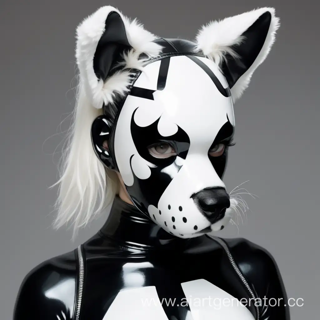 Латексная девушка фурри собака с черно белой латексной кожей с мордой собаки вместо лица