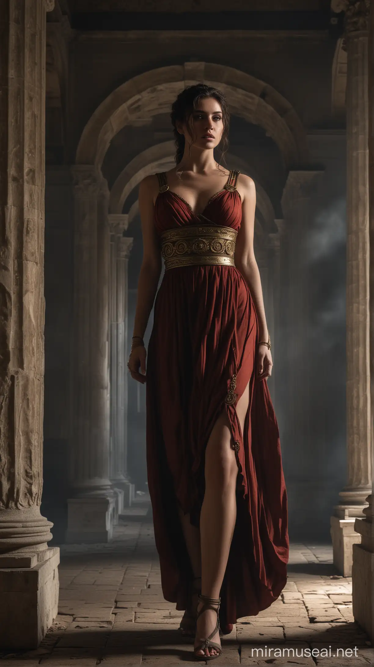 A (((hot and seductive woman))) dressed in (((ancient Roman attire))), ominous shadows falling across a (moody palace setting)