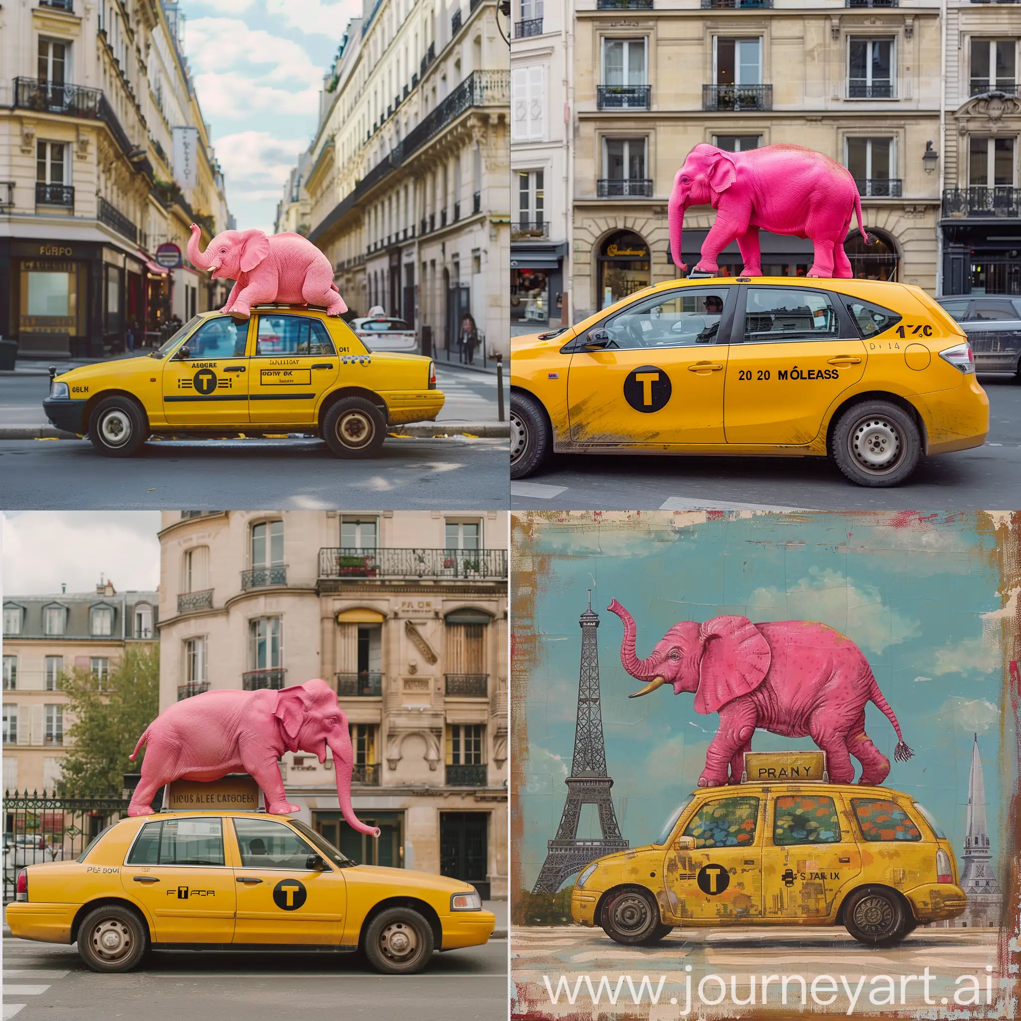 pink elephant in paris on yellow taxi