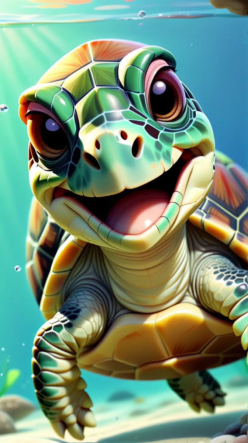 a cute little turtle, smiling, anime, green turtle, sunrise , crystal clear aqua blue water, “-V6”