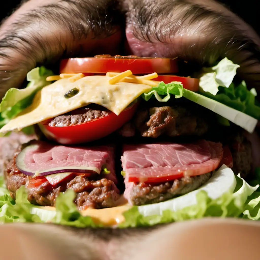 The camera zooming in on a hairy male butt. A meat patty with cheese, lettuce, sliced tomatoes and pickles, placed vertically inbetween the butt cheeks. The butt cheeks are engulfing the food from all sides.