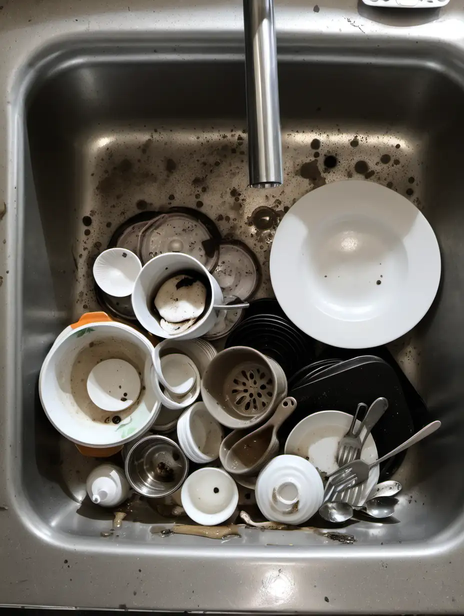 overhead shit of dirty dishes in  sink