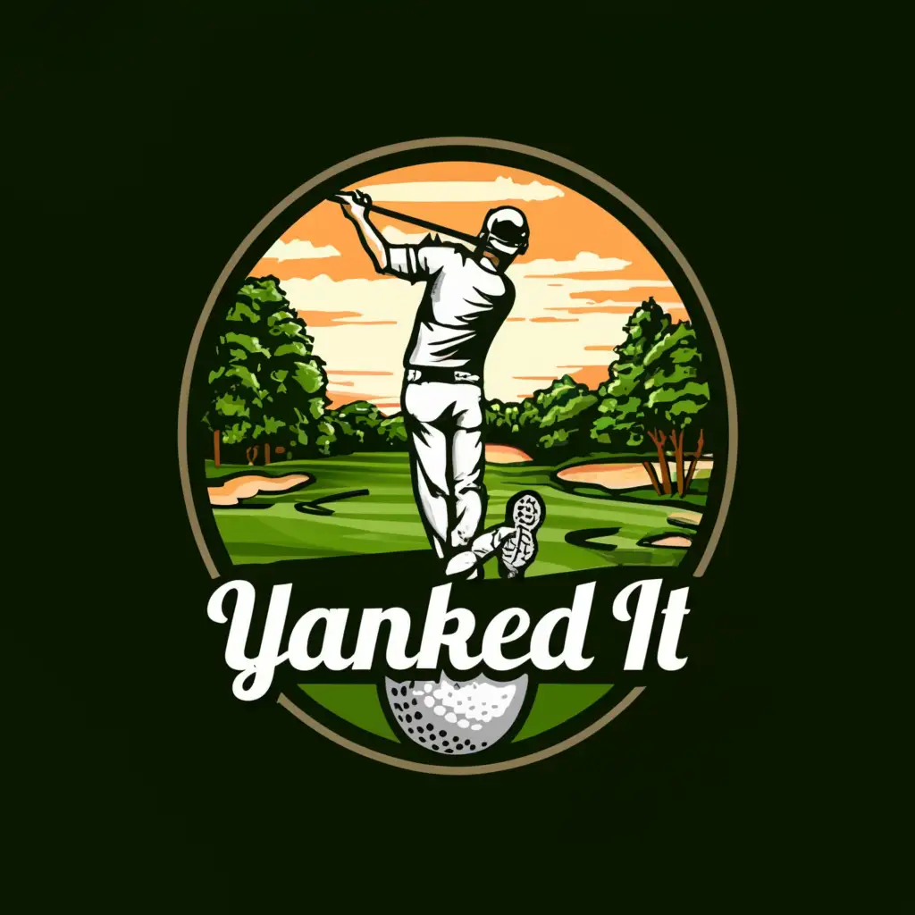 LOGO-Design-For-Yanked-It-Golf-Golfer-Bending-Golf-Ball-Around-Trees-on-Green