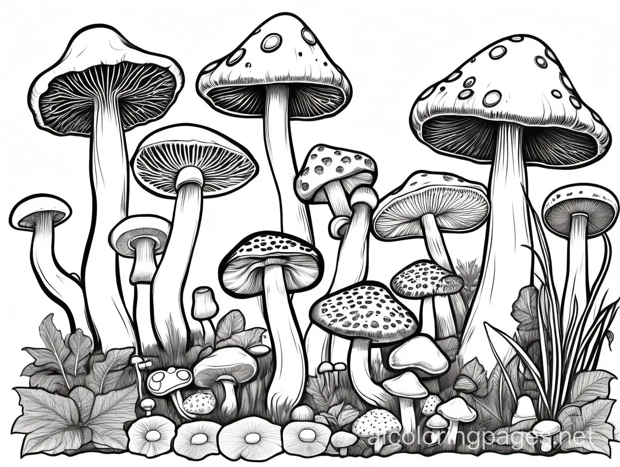 black and white drawing of different varieties of mushrooms, isolated on white background, Coloring Page, black and white, line art, white background, Simplicity, Ample White Space. The background of the coloring page is plain white to make it easy for young children to color within the lines. The outlines of all the subjects are easy to distinguish, making it simple for kids to color without too much difficulty