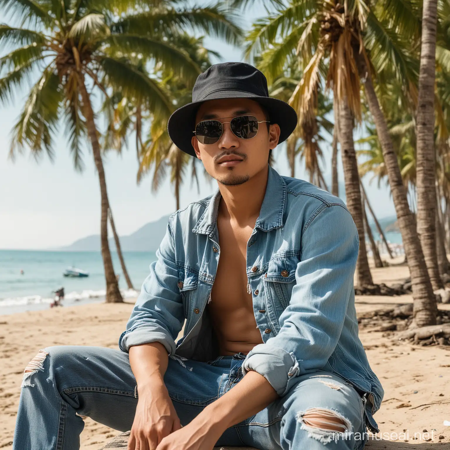 Asian Man Relaxing by Beach with Coconut Trees in HighResolution Daytime Shot