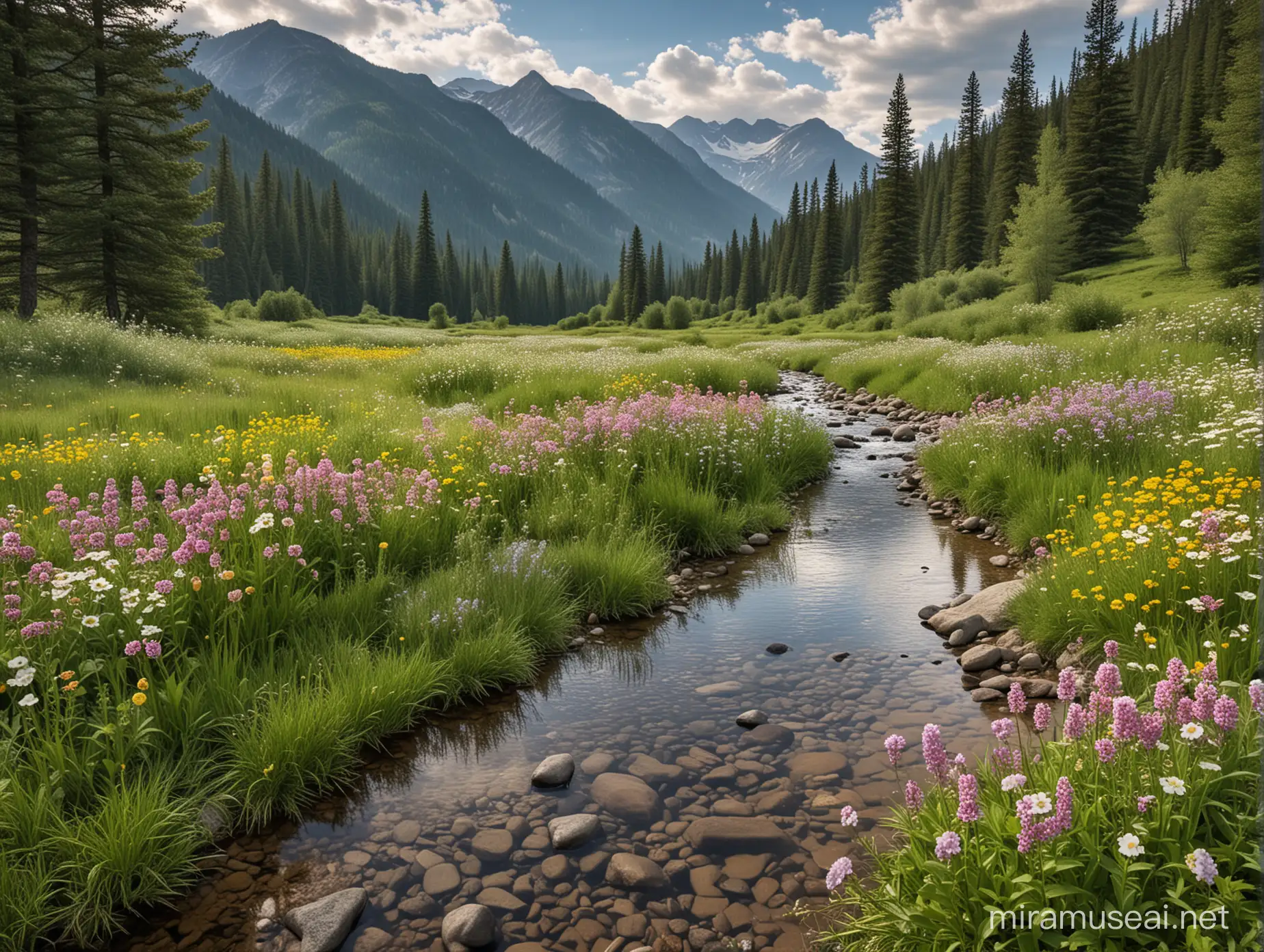 peaceful mountain view by a stream with a field of flowers