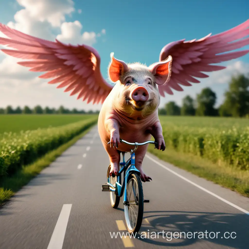 Свинья едет на велосипеде с крыльями по дороге и взлетает в небо