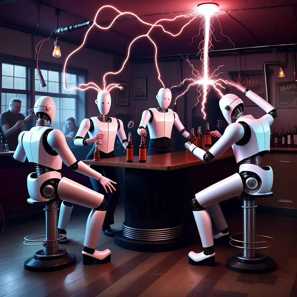 surrealistic image of a party of drunk electrical engineers in a pub with a tesla coil. An industrial robot performs a lap dance.