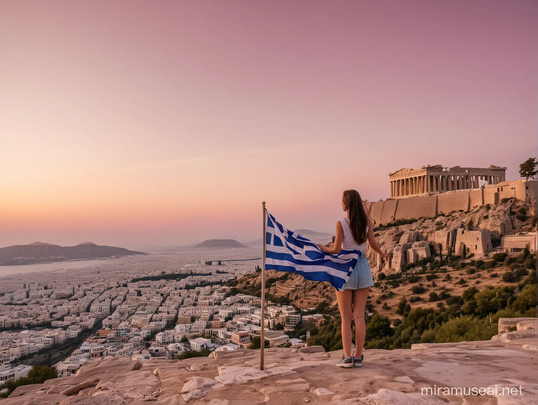 Girl Admiring Greek Flag and Acropolis at Sunset on Lycabettus Hill