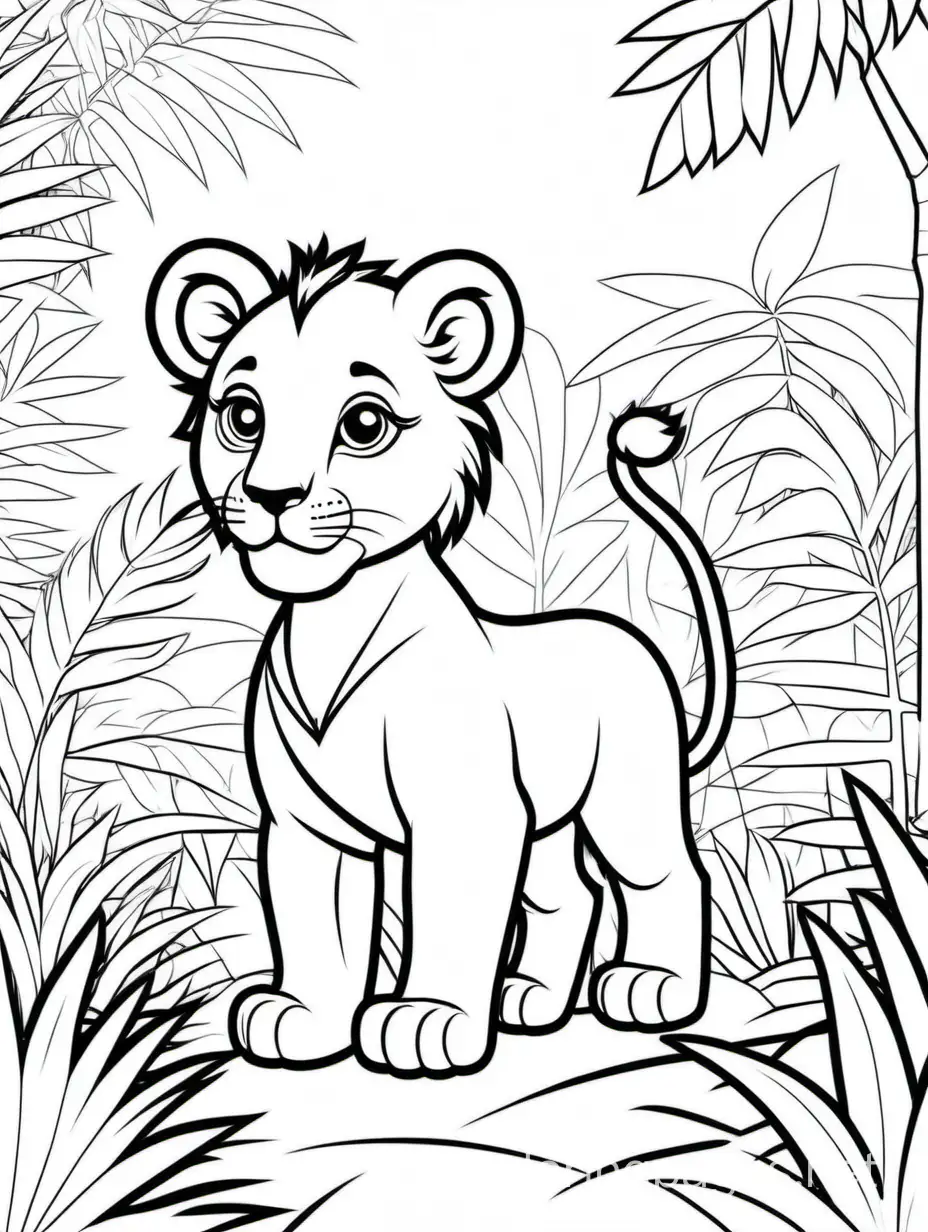 Baby lion in a jungle , Coloring Page, black and white, line art, white background, Simplicity, Ample White Space. The background of the coloring page is plain white to make it easy for young children to color within the lines. The outlines of all the subjects are easy to distinguish, making it simple for kids to color without too much difficulty