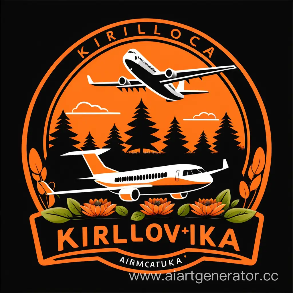 логотип садоводческого поселка с большим самолетом, садовым домом и добычей торфа   С именем Кирилловка. черно оранжевый 