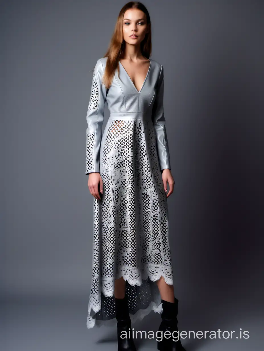 Silver perforated dress in boho style made of large perforated eco leather with a V-neck and long sleeves. Maxi length. laser cutting in the form of lace. imitation lace