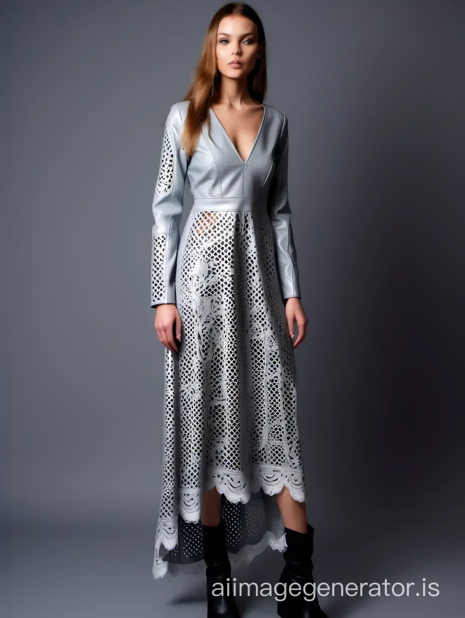  Silver perforated dress  in boho style made of large perforated eco leather with a V-neck and long sleeves. Maxi length. laser cutting in the form of lace. imitation lace