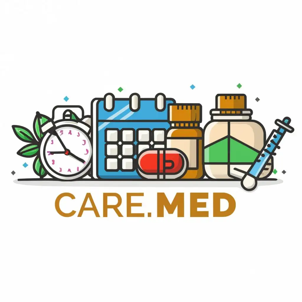 logo, drugs, schedule, time, with the text "Care.Med", typography