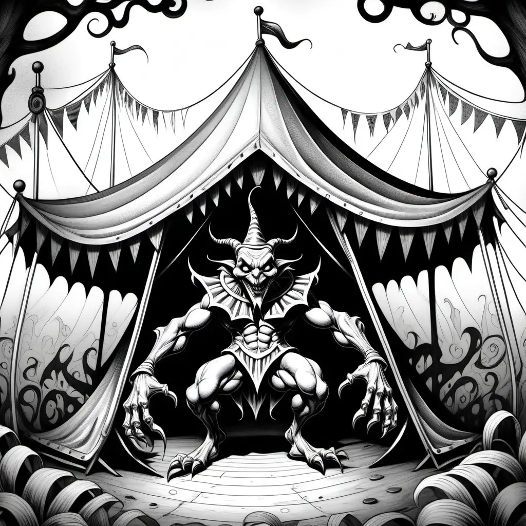 Detailed Black and White Adult Coloring Solitary Jester Monster by a Carnival Tent
