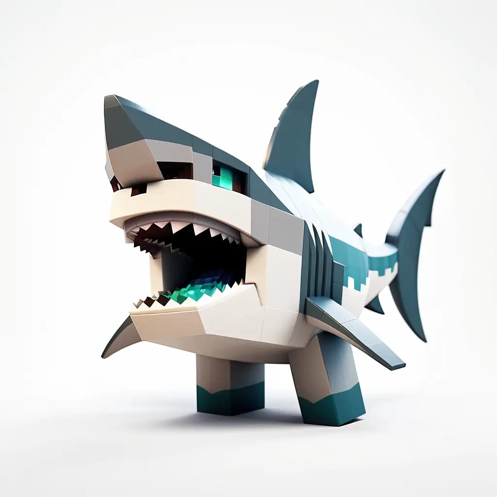 shark in minecraft shape looking confused scratching its head from side view in white background