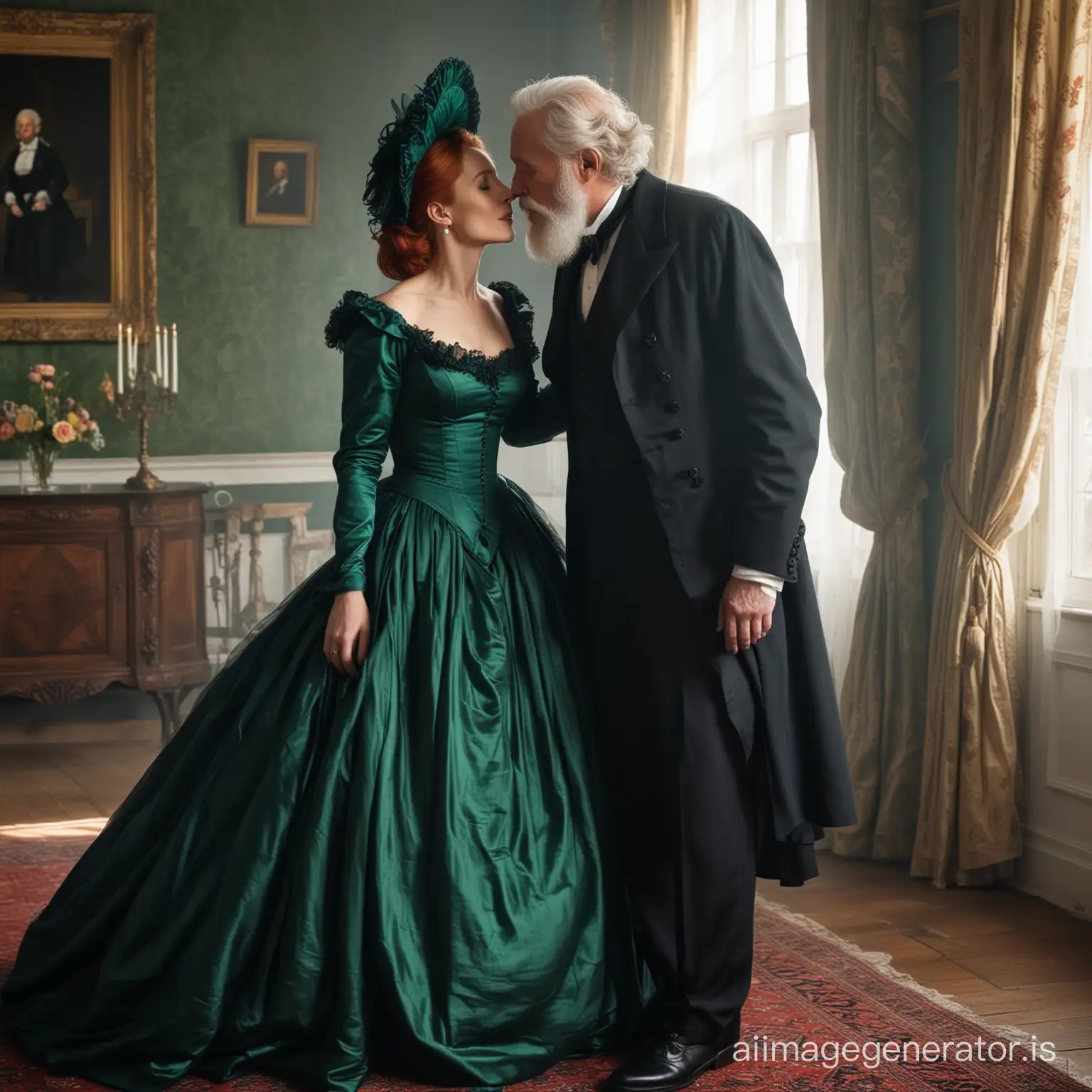 red hair Gillian Anderson wearing a poofy dark emerald floor-length loose billowing 1860 Victorian crinoline dress with a frilly bonnet kissing an old man who seems to be her newlywed husband