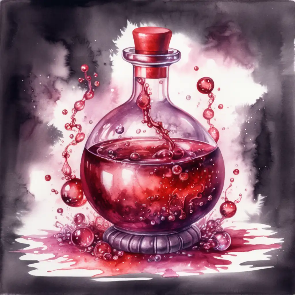 Mystical Red Bubbly Potion in Dark Watercolor Art